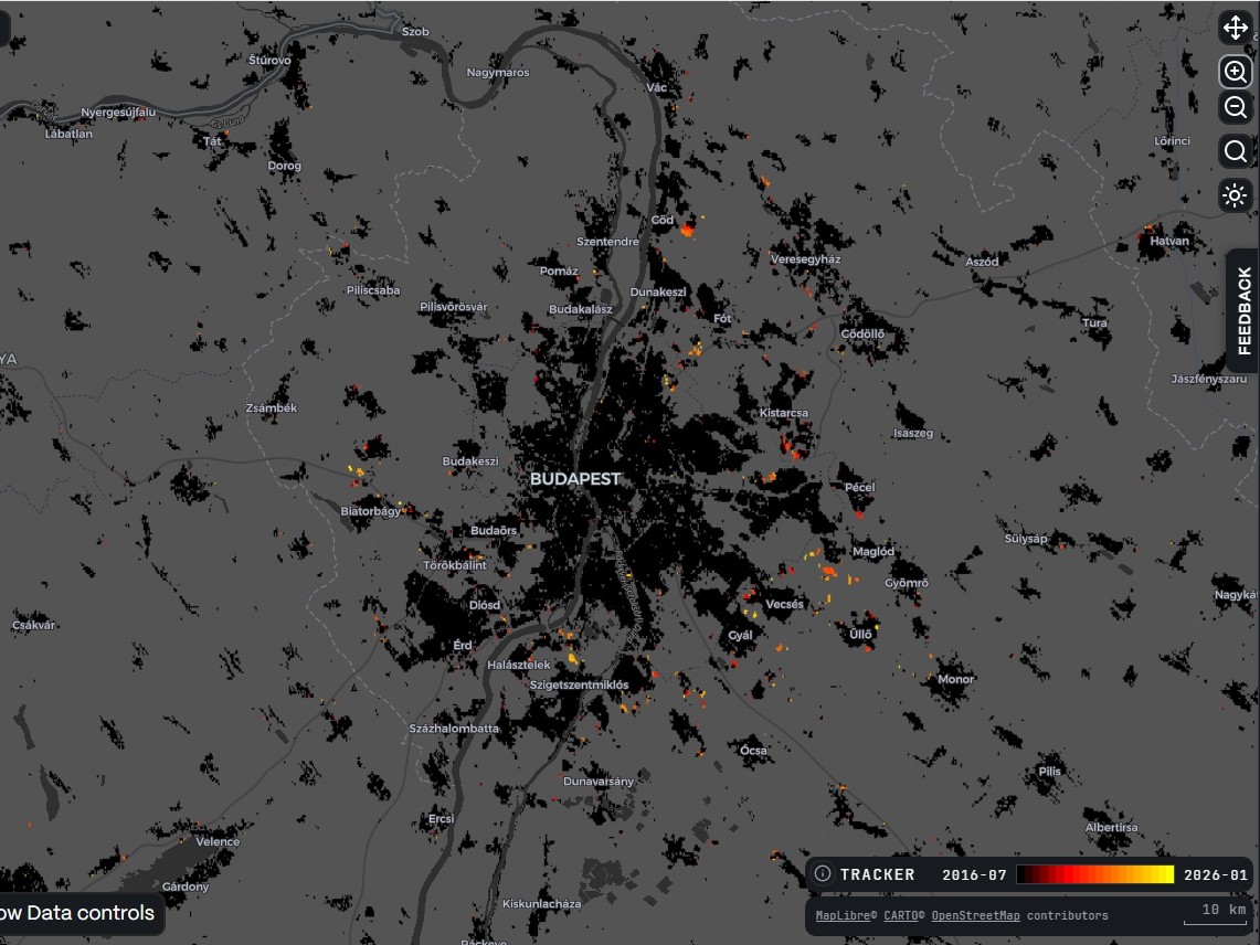 interaktív térkép városok World Settlement Footprint (WSF) Tracker 2026 Budapest